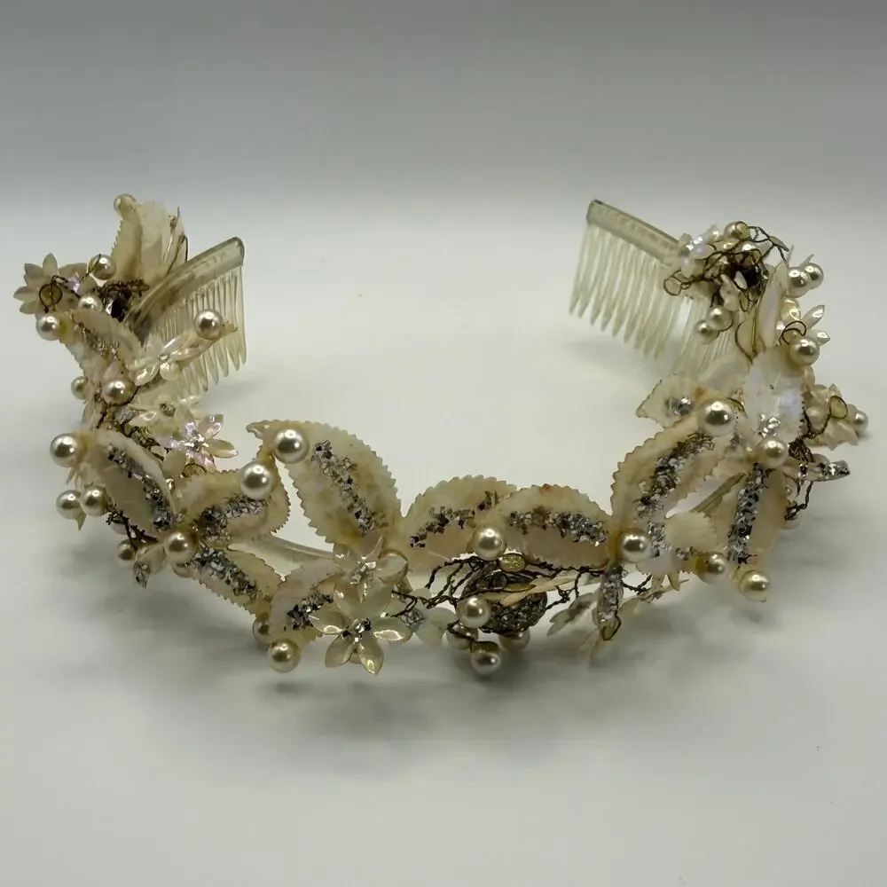 Mid Century Crown Tiara Shell Pearl Floral Headpiece Vintage Wedding MCM Prom